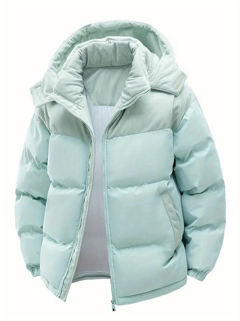 Men'S Winter Hooded Jacket - Detachable Hood, Color Block Design, Warm Fleece-Lined Coat  Casual Style for Cold Weather, Winter Jacket