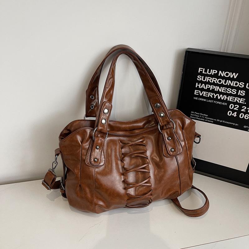 Studded Vintage Handbag Luxury Glossy Pu Women's Handbag Stylish Lace-up Motorcycle Bag New Punk-style Large Capacity Tote Bag