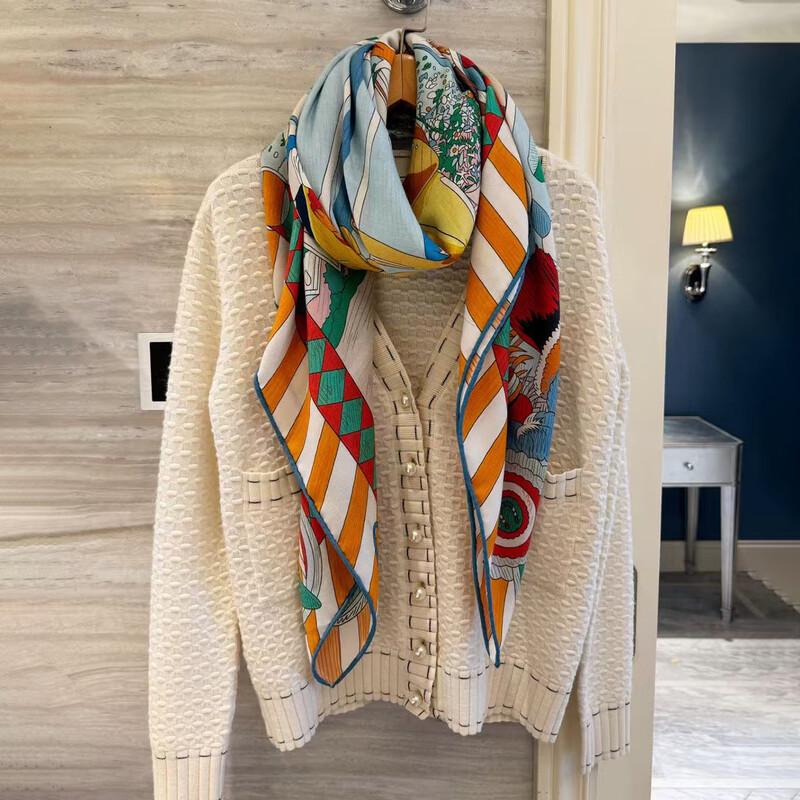 NINA SOLOR Double-Sided Silk Wool Equestrian Pattern Scarf