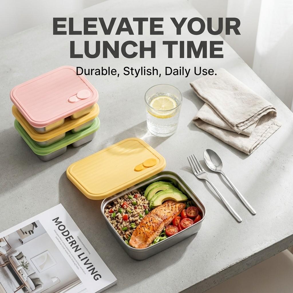 Portable Fruit Salad Food Container For Kids Students 2Pcs/Set Stackable 304 Stainless Steel Bento Lunch Box Microwave Heatable