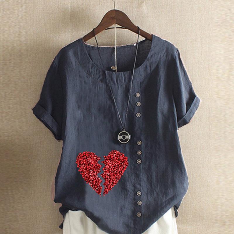 Women's Fashion Red Love Prined Short Sleeve T-shirt Loose Cotton Shirt Casual Loose Summer Blouse Tops Plus Size