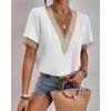 Camiseta de Verano de Encaje con Cuello en V y Manga Corta para Mujer Blusa Holgada Casual Fina de Color Sólido Pulóver