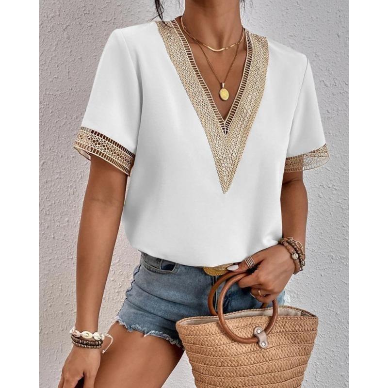 Camiseta de Verano de Encaje con Cuello en V y Manga Corta para Mujer Blusa Holgada Casual Fina de Color Sólido Pulóver
