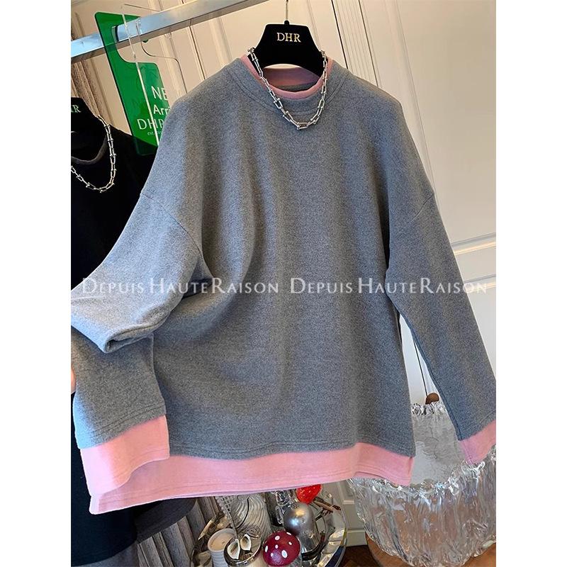 

Женская европейско-корейская двухцветная лоскутная футболка с длинным рукавом - Ленивый осенне-зимний модный свитшот 4XL серый