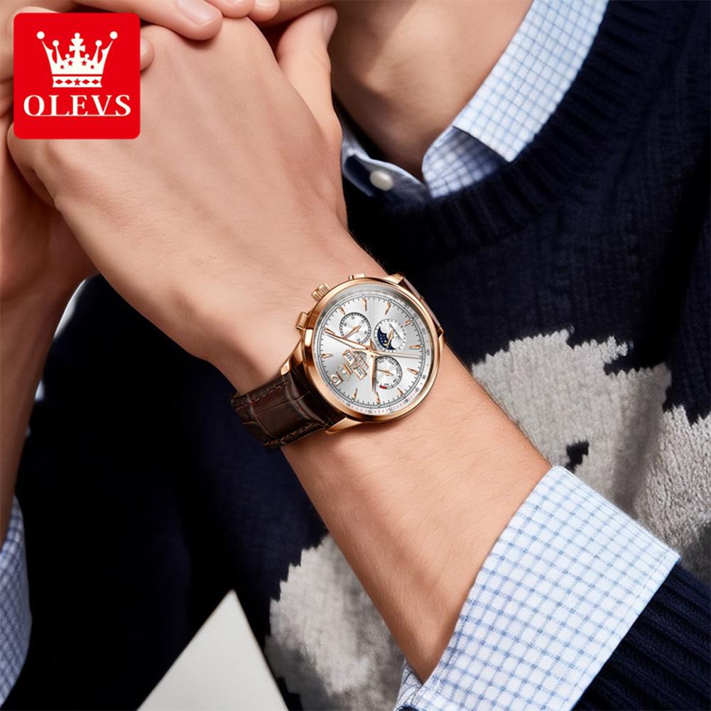 OLEVS Brand New Fashion Moon Phase Original Mechanical Watch Men Leather Strap Waterproof Week Calendar Automatic Watches Mens