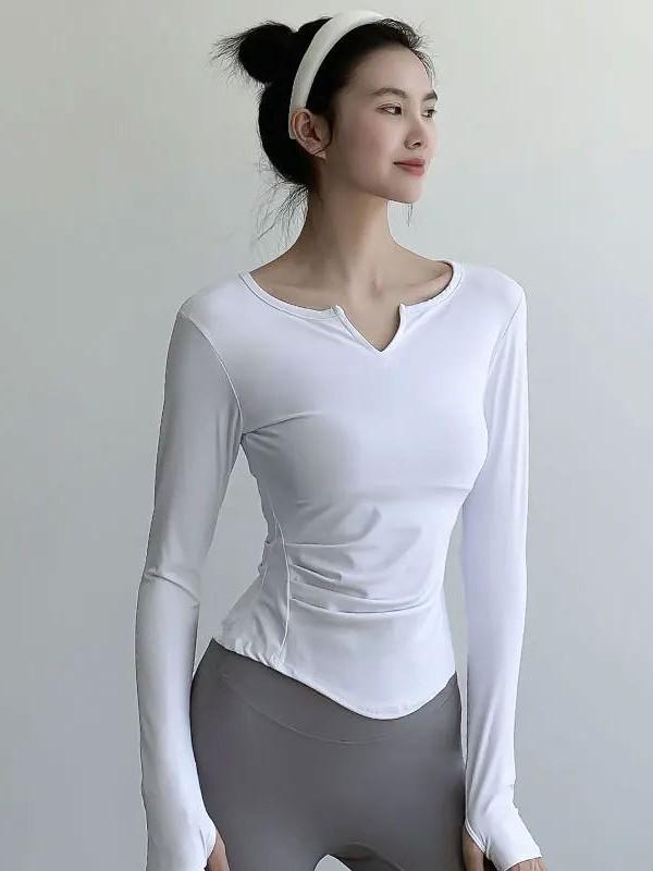 Slim-fit V-neck Long Sleeve Yoga Top - Quick-dry, Breathable Sportswear for Training & Running