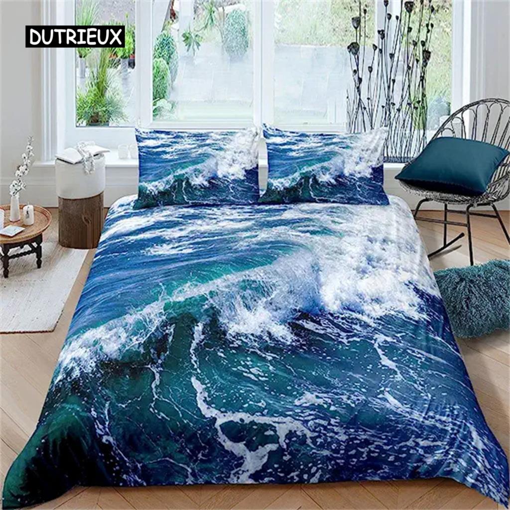 Blue Ocean Duvet Cover Waves Bedding Set Hawaiian Tripocal Sea Wave Sea Beach Bedding Comforter Cover Microfiber for Women Men