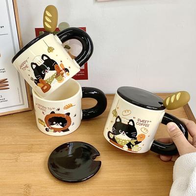 Bread Kitten Mug with Lid Spoon Large Capacity Ceramic Cup for Girls Office Water Cup Coffee Breakfast Cup Men