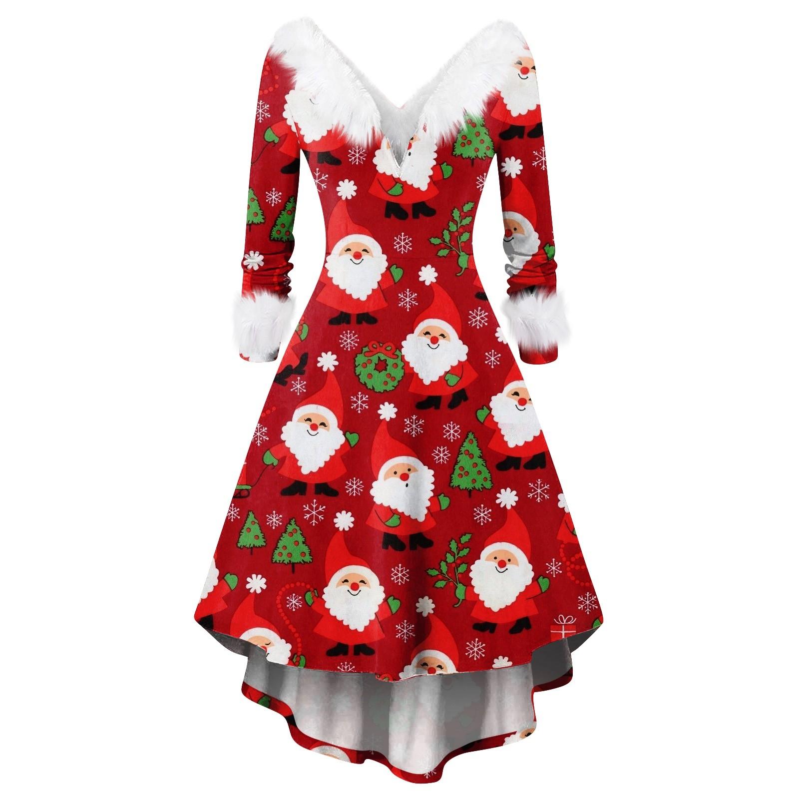 

Женское модное повседневное платье с v-образным вырезом и рождественским принтом для вечеринки с длинными рукавами XL арбуз красный