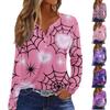 Women's Casual Long Sleeve Halloween Print V-Neck T-Shirt with Decorative Buttons