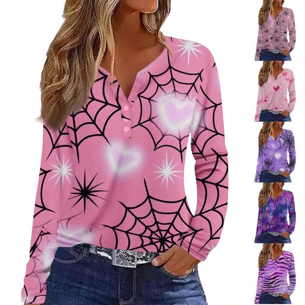 Women's Casual Long Sleeve Halloween Print V-Neck T-Shirt with Decorative Buttons