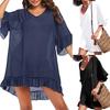 Bikini Cover Up Ruffles V Neck Ladies Elegant Pure Color Sundress for Beach