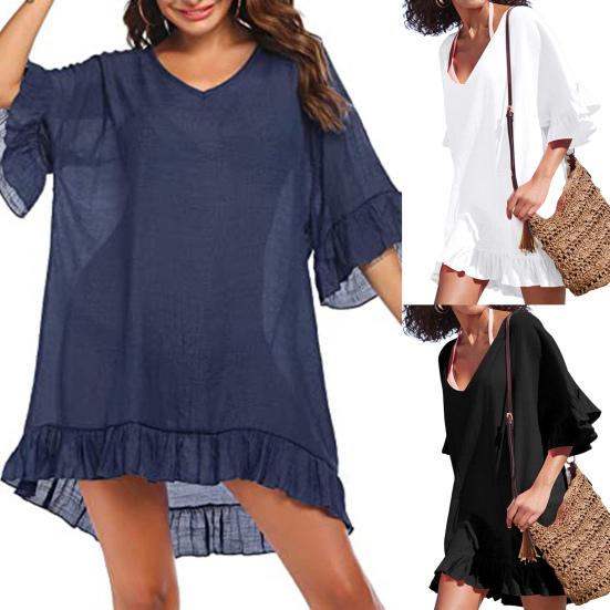 Bikini Cover Up Ruffles V Neck Ladies Elegant Pure Color Sundress for Beach