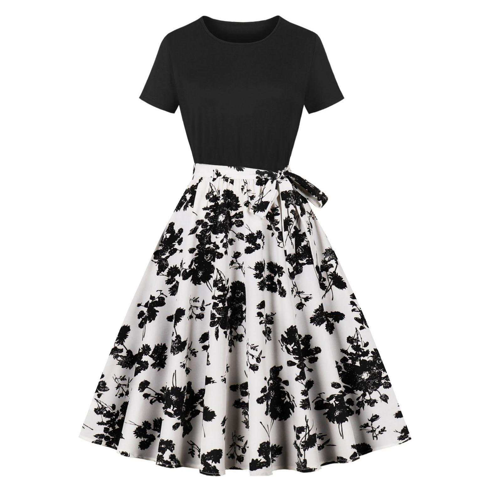 European and American new national style retro women s splicing temperament elegant dress S