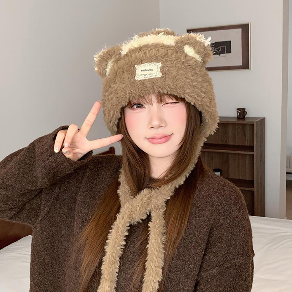 Cartoon Bear Ear Plush Knitted Hat Keep Warm Bear Ears Beanie Lovely Ear Protective Cap For Women
