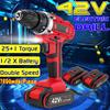 Electric Cordless Drill Screwdriver 25+1 Torque LED Work Light w/ 2 Battery 42V
