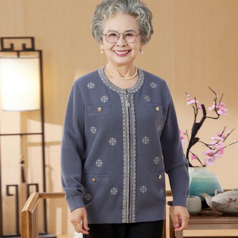 New zipper jacket for the elderly in autumn and winter, grandma jacquard top, mother autumn knitted cardigan