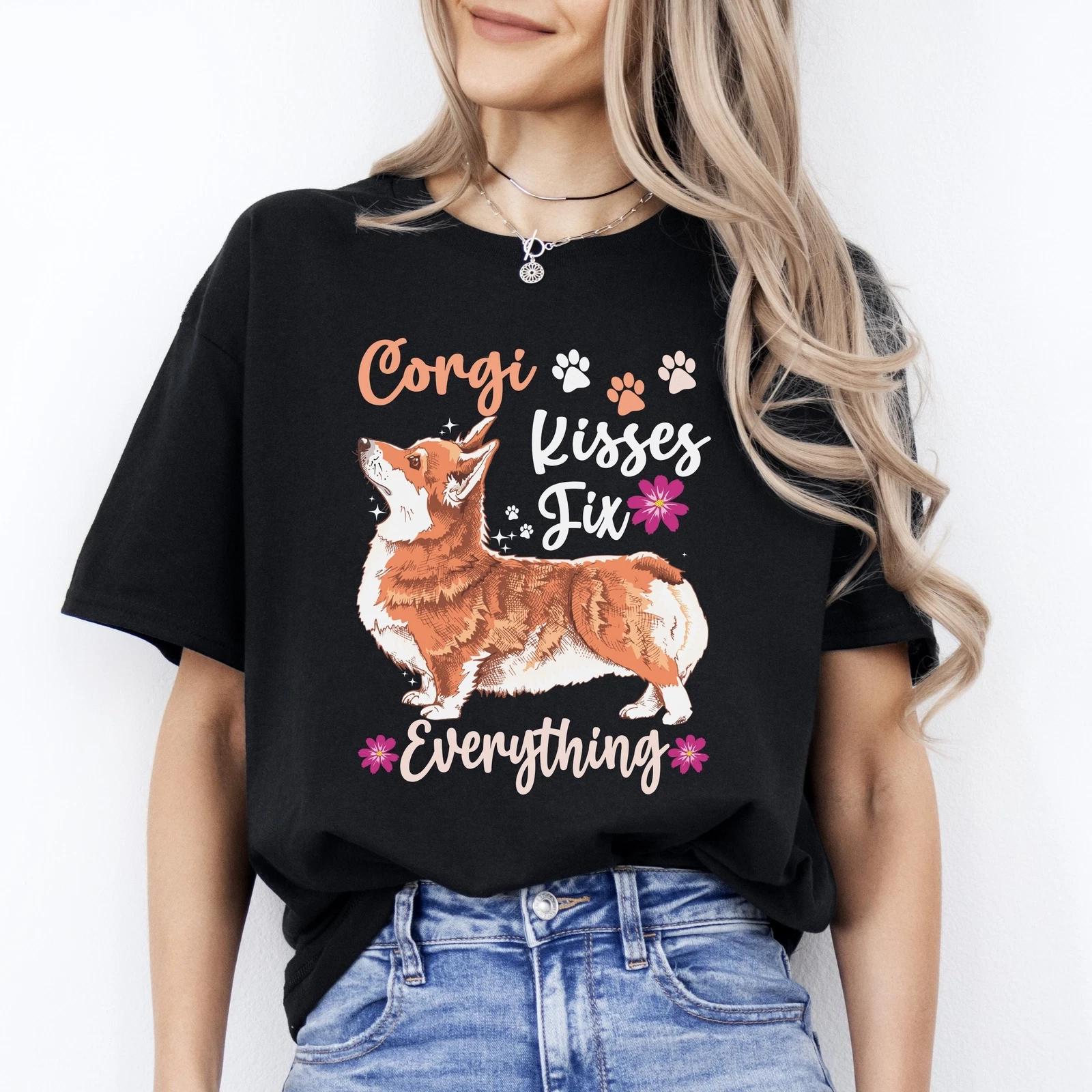 Corgi kisses fix everything T-Shirt gift Cute Corgi Dog mom Unisex tee Black Nav M