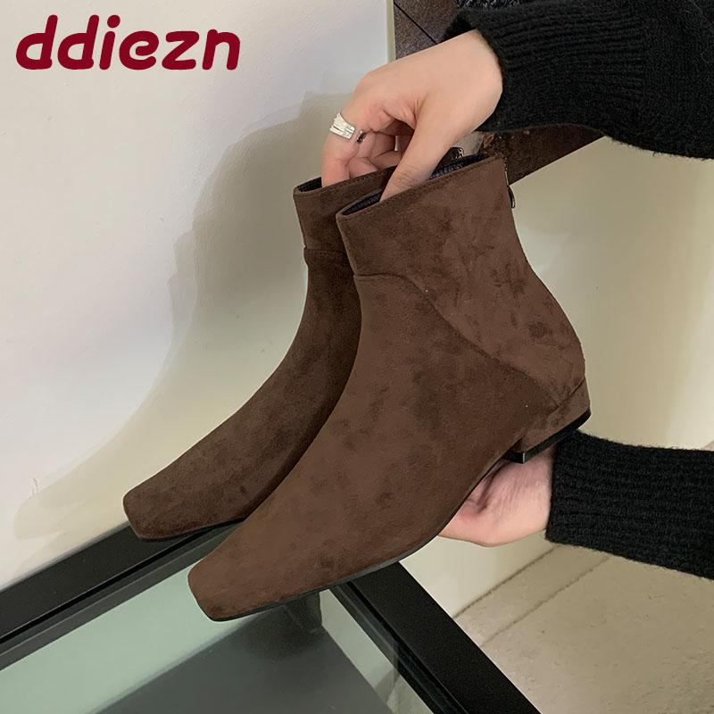 Mode Damen Square Toe Schuhe Stiefeletten Flats Schuhe für Damen Reißverschlüsse Mode Flock Damen Flats Kurze Stiefel Schuhe