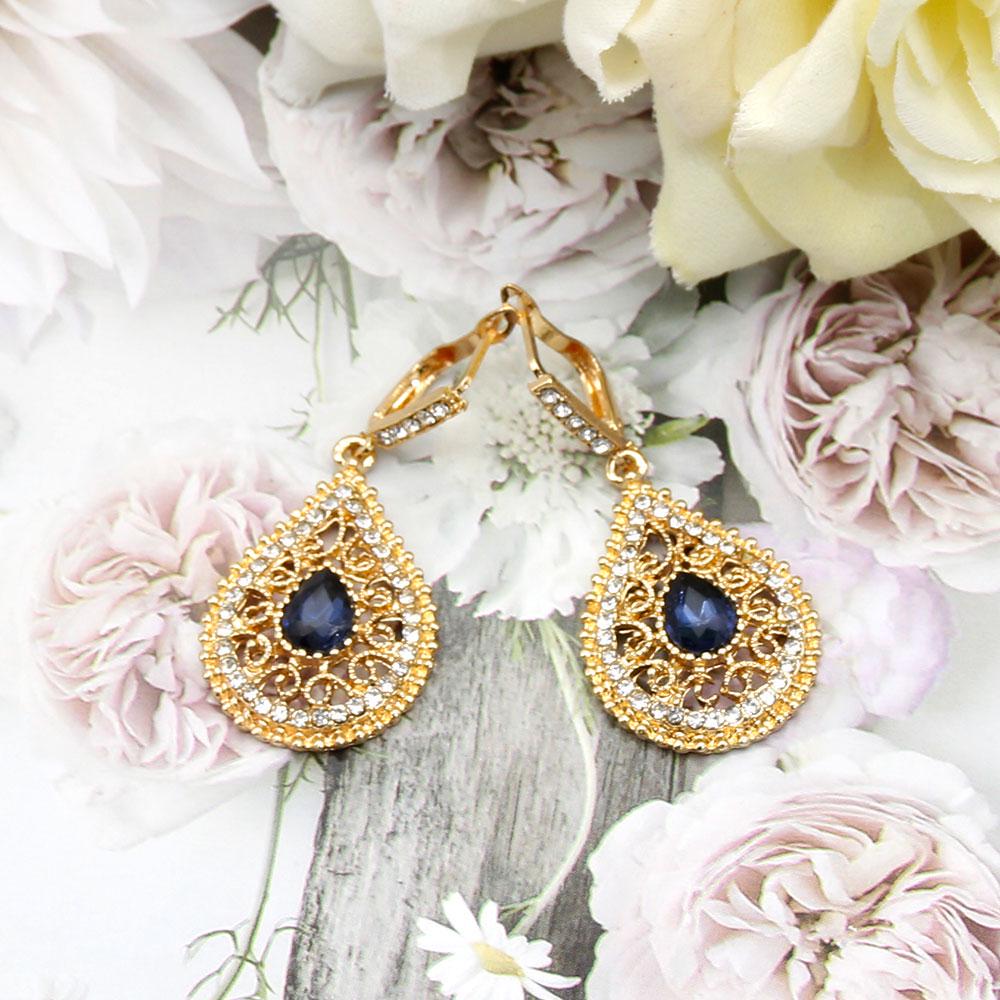 Gold Color Water Drop Dangle Earrings for Women Ethnic Wedding Jewelry Hollow Flower Rhinestone Bridal Gifts