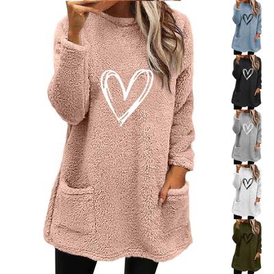 Winter Women's New Love Print Round Neck Loose Long Sleeve Pocket Plush Sweater For Women Couple Love Long Sleeves