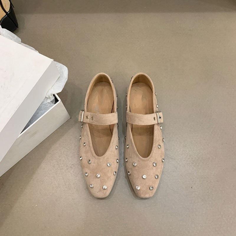 Single shoes women's 2025 new spring and autumn niche design sense rhinestone versatile rivet flat shoes Mary Jane shoes