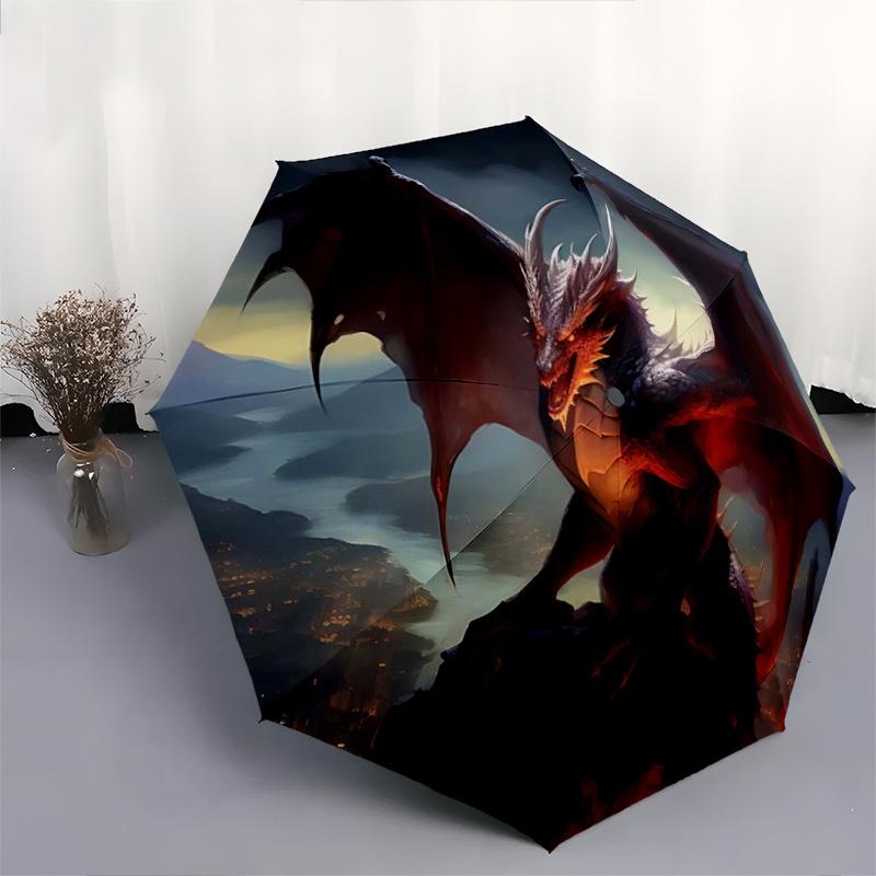 1pc Dragon Themed Design Fully Automatic Folding Portable Umbrella, 8 Iron Frames, Three-Fold Design, Suitable for All Seasons, Suitable for Outd
