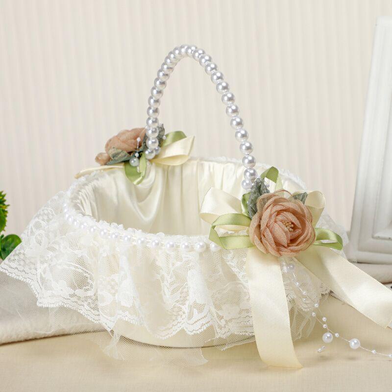 Ivory White Rose Wedding Flower Basket for Bride and Flower Girl