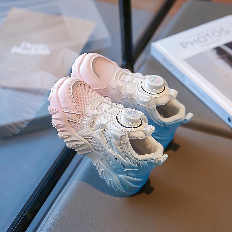 Girls' Sports Shoes Spring and Autumn New Children's Little White Shoes with Rotating Button Ultra Light and Thin Mesh Breathable Single Mesh Shoes