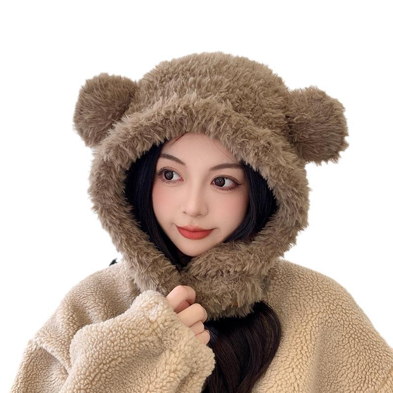 Plush Balaclava Hat for Women In Autumn and Winter Big Head Circumference Warm Hat for Women Bear Ear Knitted Ear Protection Lei Feng Hat