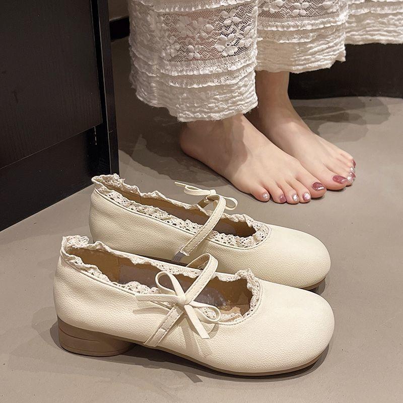 Flat Shoes Round Head Retro Ballet Versatile Mary Jane Shoes Soft Sole Comfortable Lace Small Leather Shoes