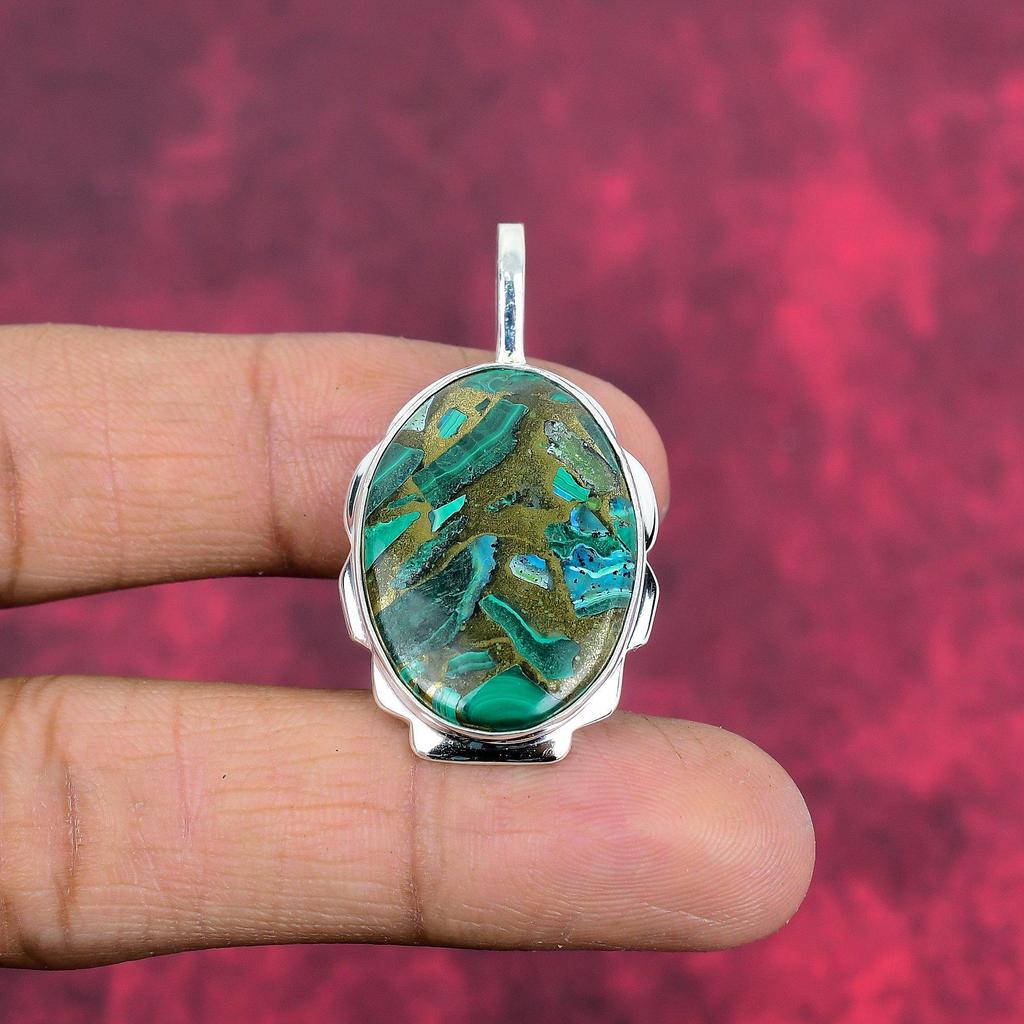 Copper Azurite Malachite Pendant, 925 Solid Sterling Silver Gemstone Jewelry, Handmade Pendant, For Memorial Day
