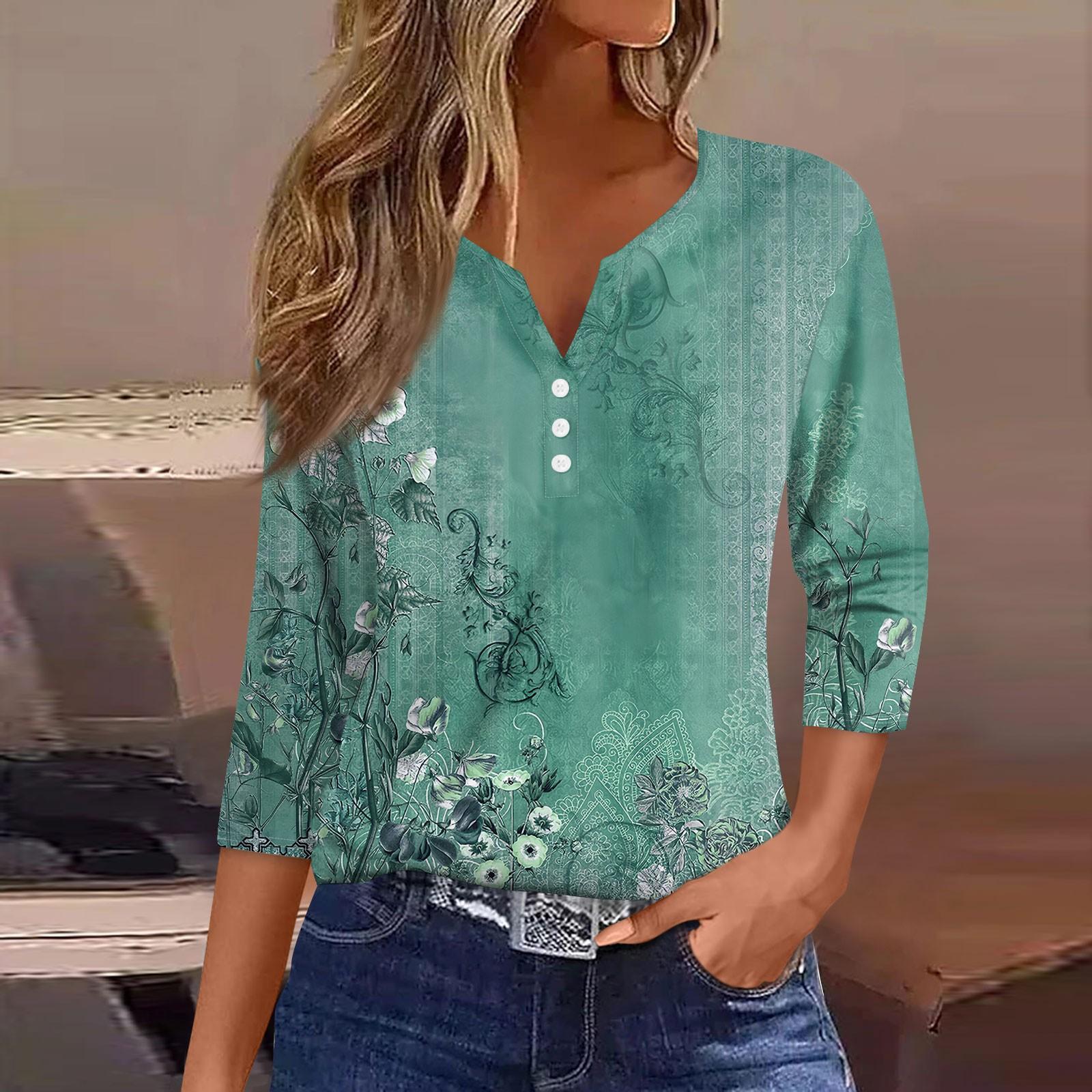 

Женская модная повседневная футболка с v-образным вырезом и семью рукавами с цветочным принтом и пуговицами, топ на пуговицах XL