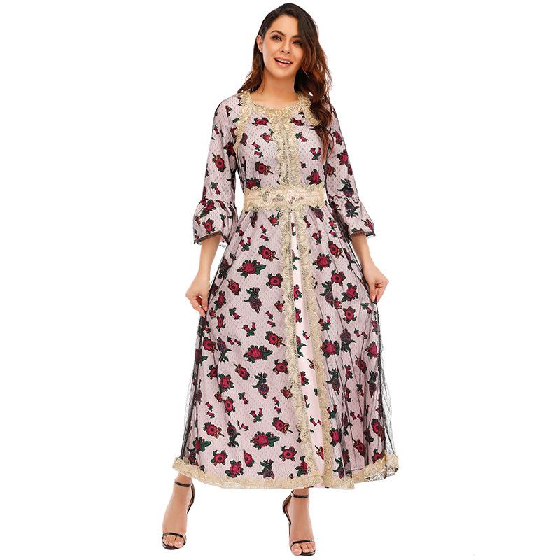 Yiduo Duo European-American Ethnic Print Embroidery Lace Mesh Muslim Dress 21275