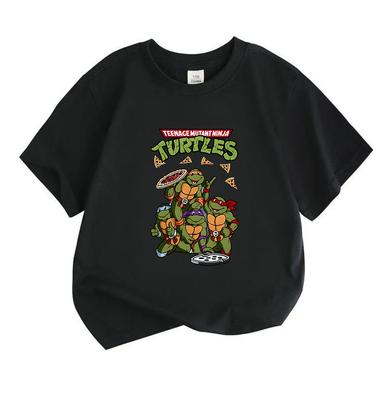 Camiseta de Algodón 100% para Niños y Niñas, Cuello Redondo, Manga Corta, Estampado Divertido de Tortuga Verde y Pizza, Camiseta Suave Casual para Uso Diario