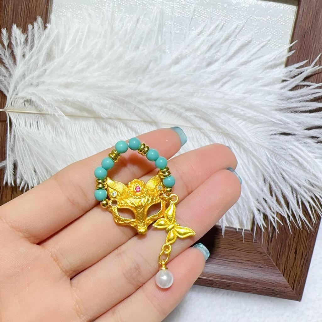 Second Gen Turquoise Amber Ring: Nine-Tailed Fox & Little Bear Wealth-Attracting Trendy Fashion Jewelry