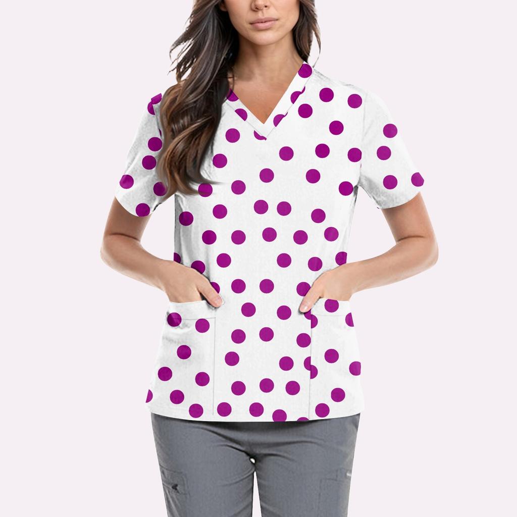 Women's Cute Printed Work Clothes V-neck Double Layer Pockets Basic Short Sleeve Top Pullover Valentines