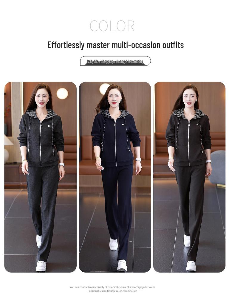 Women's Casual Sportswear Set: Autumn 2026 Hooded Cardigan, Loose, Age-Reducing, Two-Piece Set