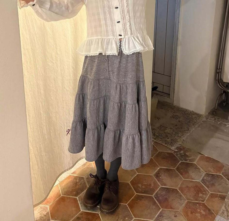 Viaplan Wool Pleated Patchwork Midi Skirt - Korean Designer Women s Rich Girl Style Medium