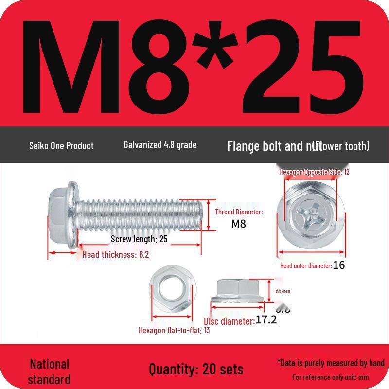 4.8 Grade Galvanized Hex Bolt Set with Anti-slip Washer & Nut, Cross Flange Head, M4/M5/M6/M8mm