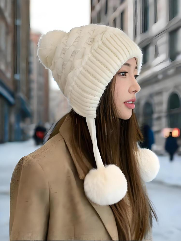 Lazy Wind Thickened Double-layer Ear Protection and Cold-proof Three-fur Ball Rabbit Fur Hat Plus Velvet Face Protection Knitted Hat