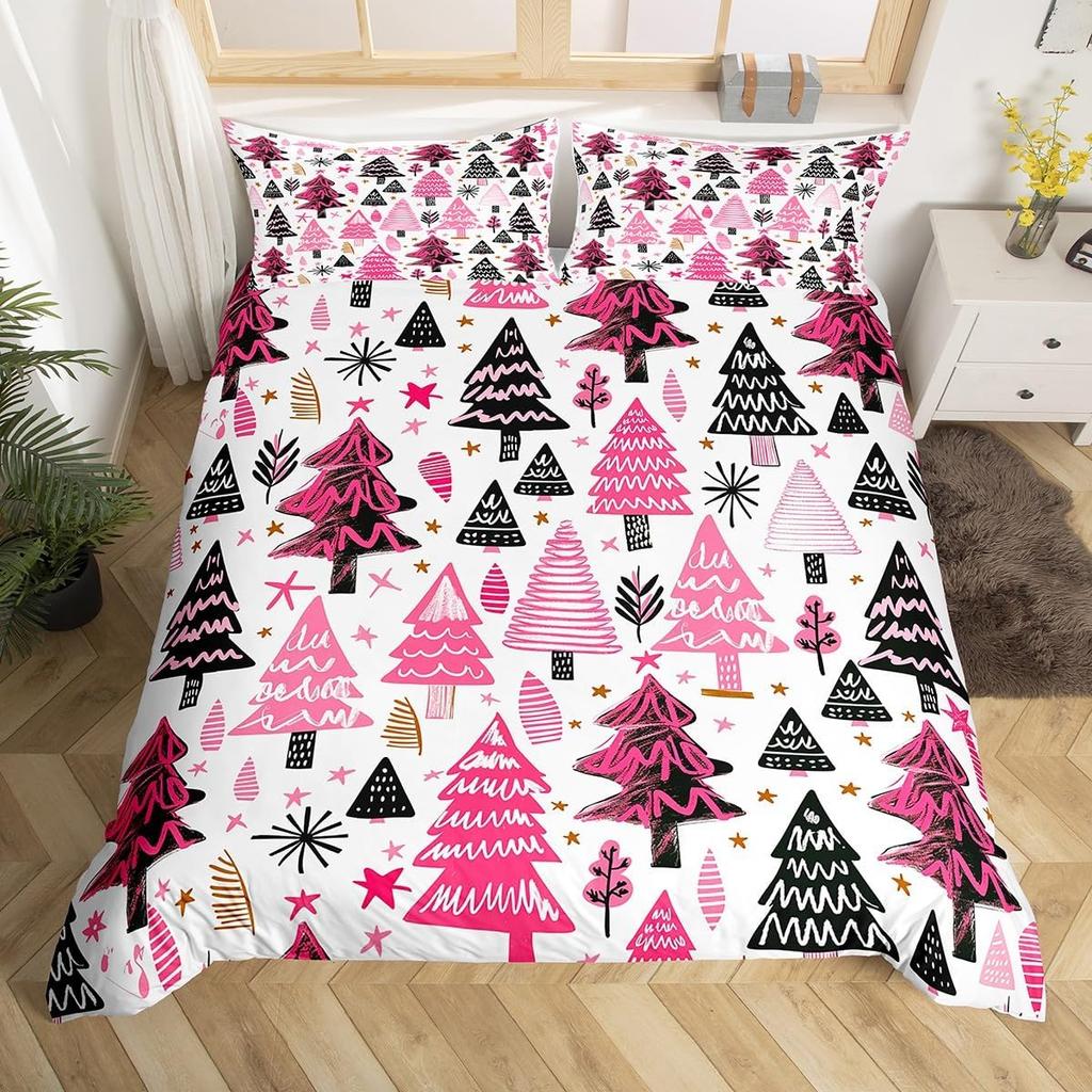 Christmas Tree Duvet Cover Set Queen King Size Botanical Pattern Quilt Cover Bedding For Kids Girls Teens Room Deco 3 Piece Set