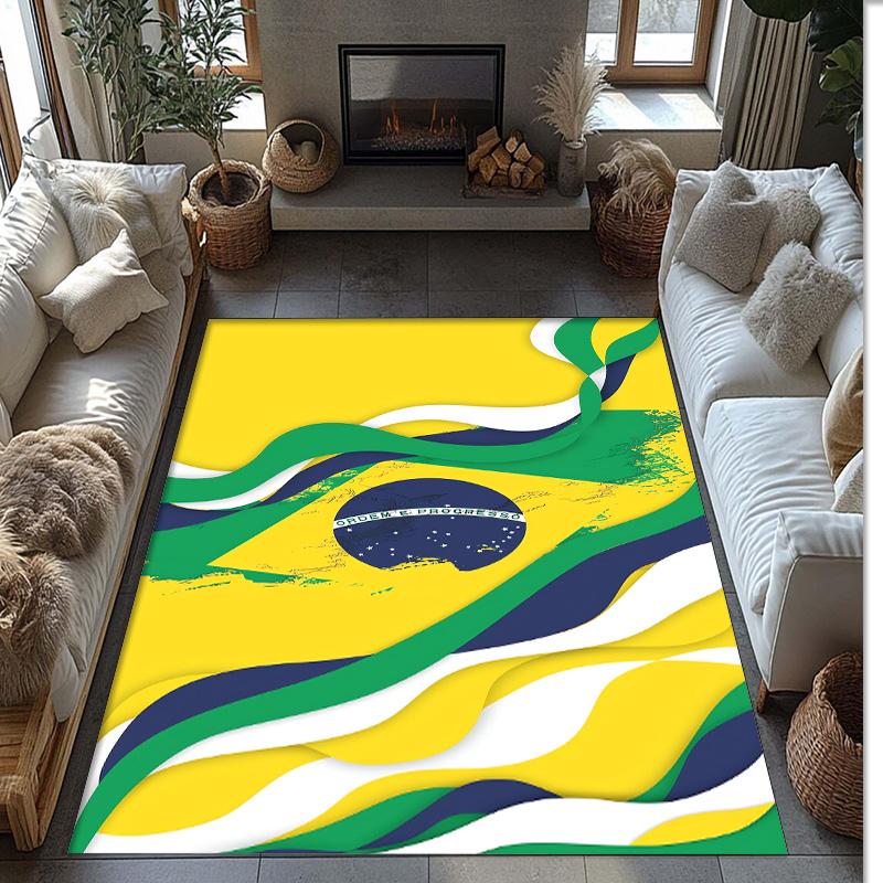 Brazil National Football Team Printed Flannel Area Rug Non Slip Soft Polyester Floor Carpet Indoor Decor Mat for Bedroom Living Room Sofa