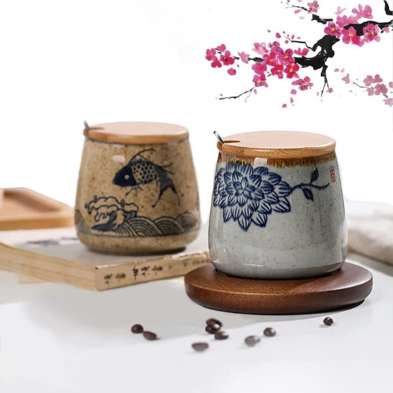 350ml Japanese Retro Ceramic Coffee Cup Set with Lid Spoon Heat Resistant for Milk Tea Breakfast Office Home Gift