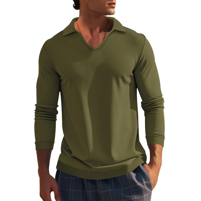 Autumn winter T-shirts American long sleeved men's T-shirt thin cut waffle slim fit lapel polo shirt men