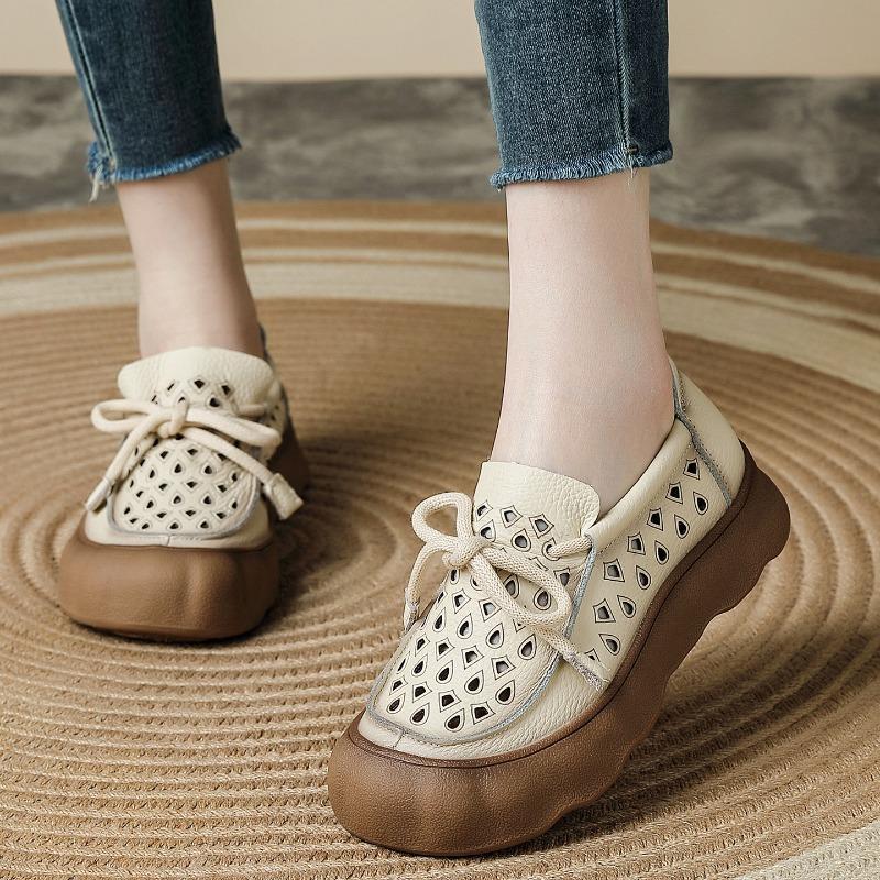 Ganzkalbsleder Sommer Neu Atmungsaktiv Lässig Lochschuhe Hohl Mutter Schuhe Rutschfest Muffin Dicksohlige Ledersandalen Damen