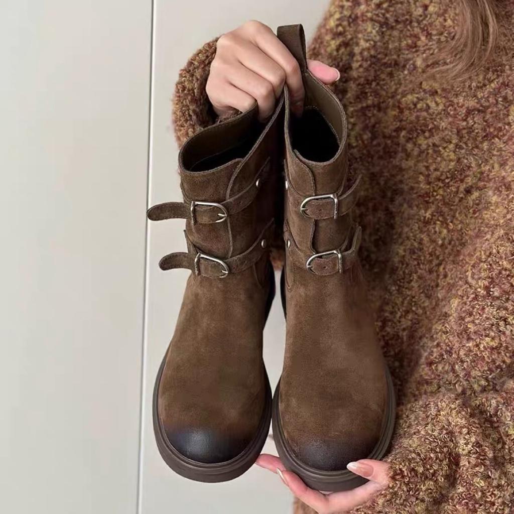 Sheepskin Version~ Retro Polished Belt Buckle Western Cowboy Boots Slim Short Boots Women's Maillard Martin Boots Locomotive Boots