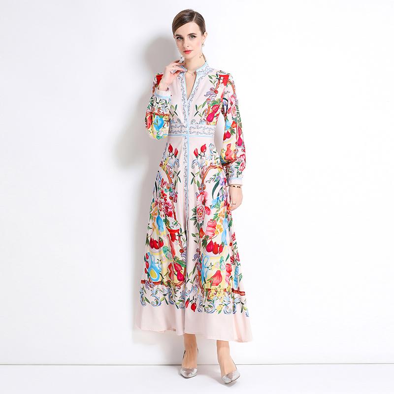 Frühling Herbst Damen Designer Print Laufstegkleid V-Ausschnitt Einreiher Lang Maxi Partykleider