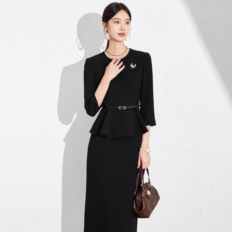 Elegant Black Slimming Ruffle Long Women's Dress Set - Spring/Autumn Formal OL Style