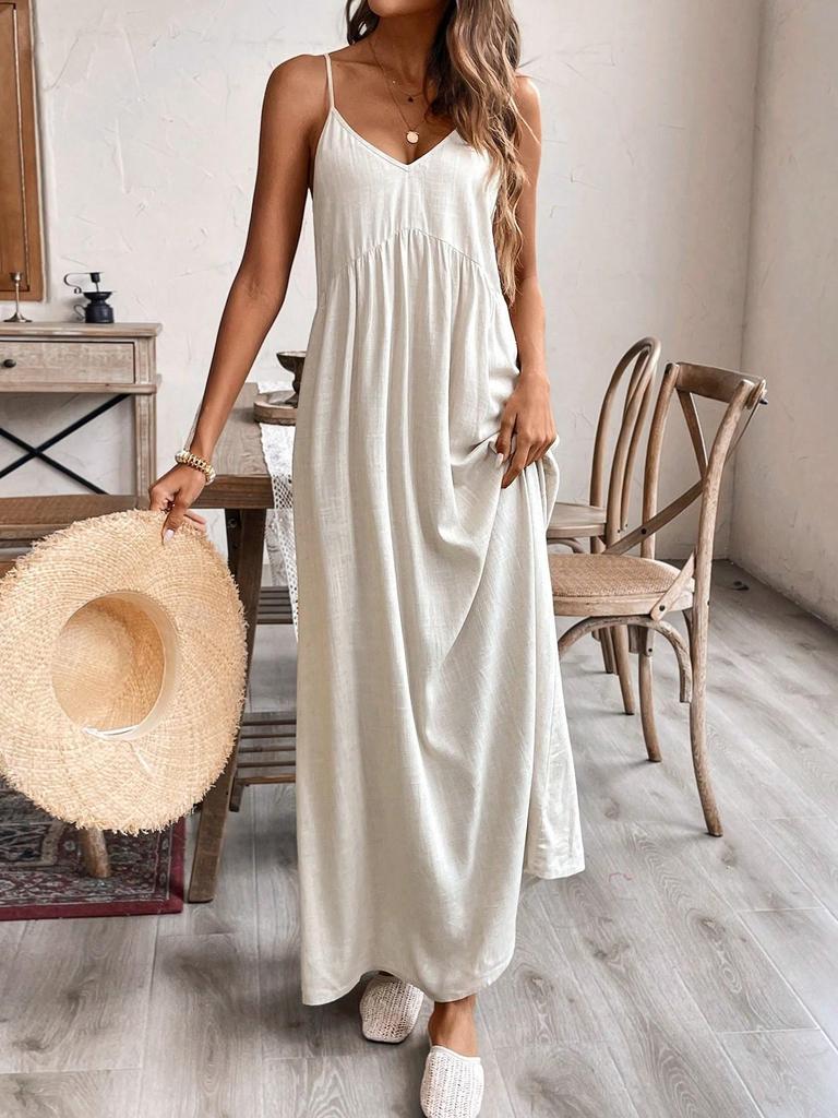 Elegant Women's Solid Color Cotton Linen Spaghetti Strap A-line Maxi Dress